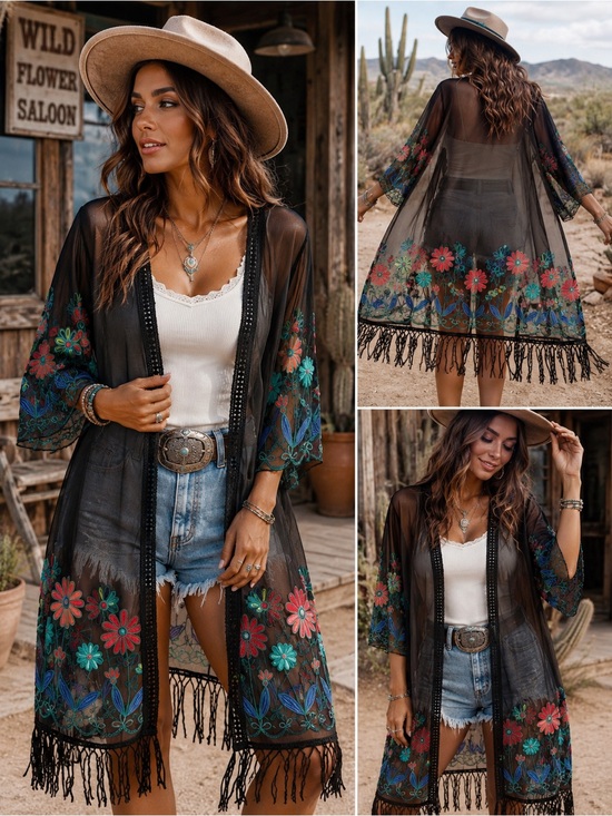 Tops - Boho Black Sheer Mesh Embroidered Floral Fringe Kimono Cover Up Duster OS